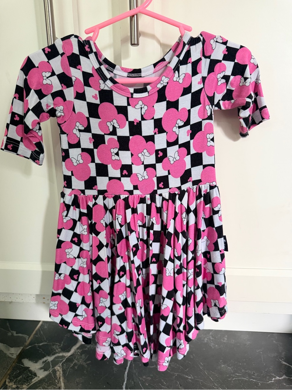 Girls Pink & Black Heart-Print Twirl Dress with Bow Accents